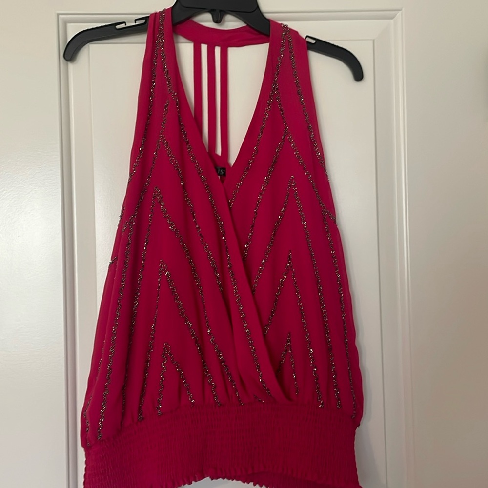 VENUS BEAUTIFUL BEADED RUCHED WAIST V-NECK TOP EXCELLENT CONDITION